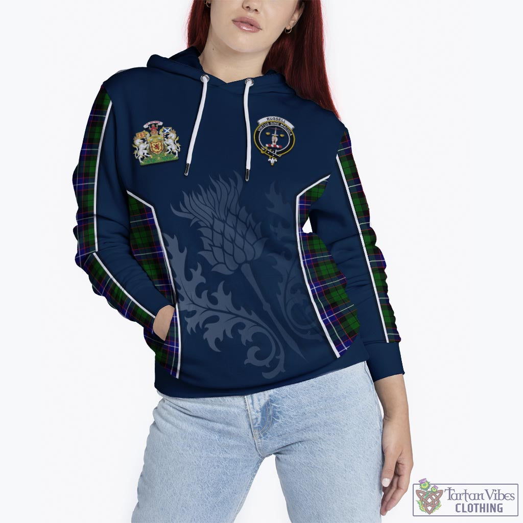 Tartan Vibes Clothing Russell Modern Tartan Hoodie with Family Crest and Scottish Thistle Vibes Sport Style