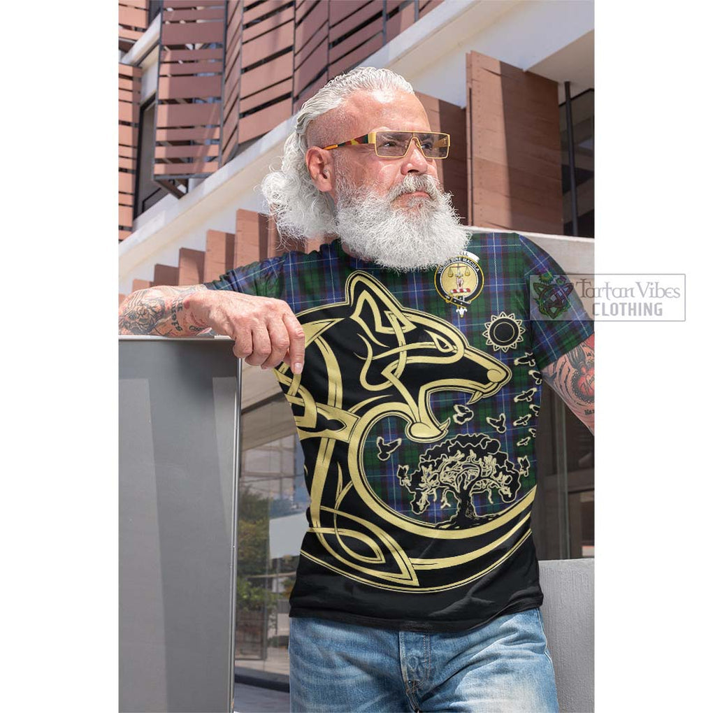 Tartan Vibes Clothing Russell or Mitchell or Hunter or Galbraith Tartan Cotton T-shirt with Family Crest Celtic Wolf Style