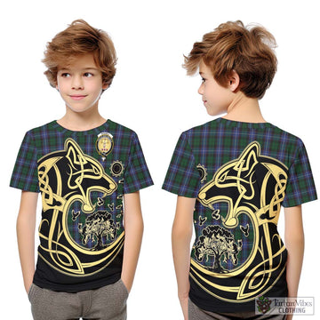 Russell or Mitchell or Hunter or Galbraith Tartan Kid T-Shirt with Family Crest Celtic Wolf Style