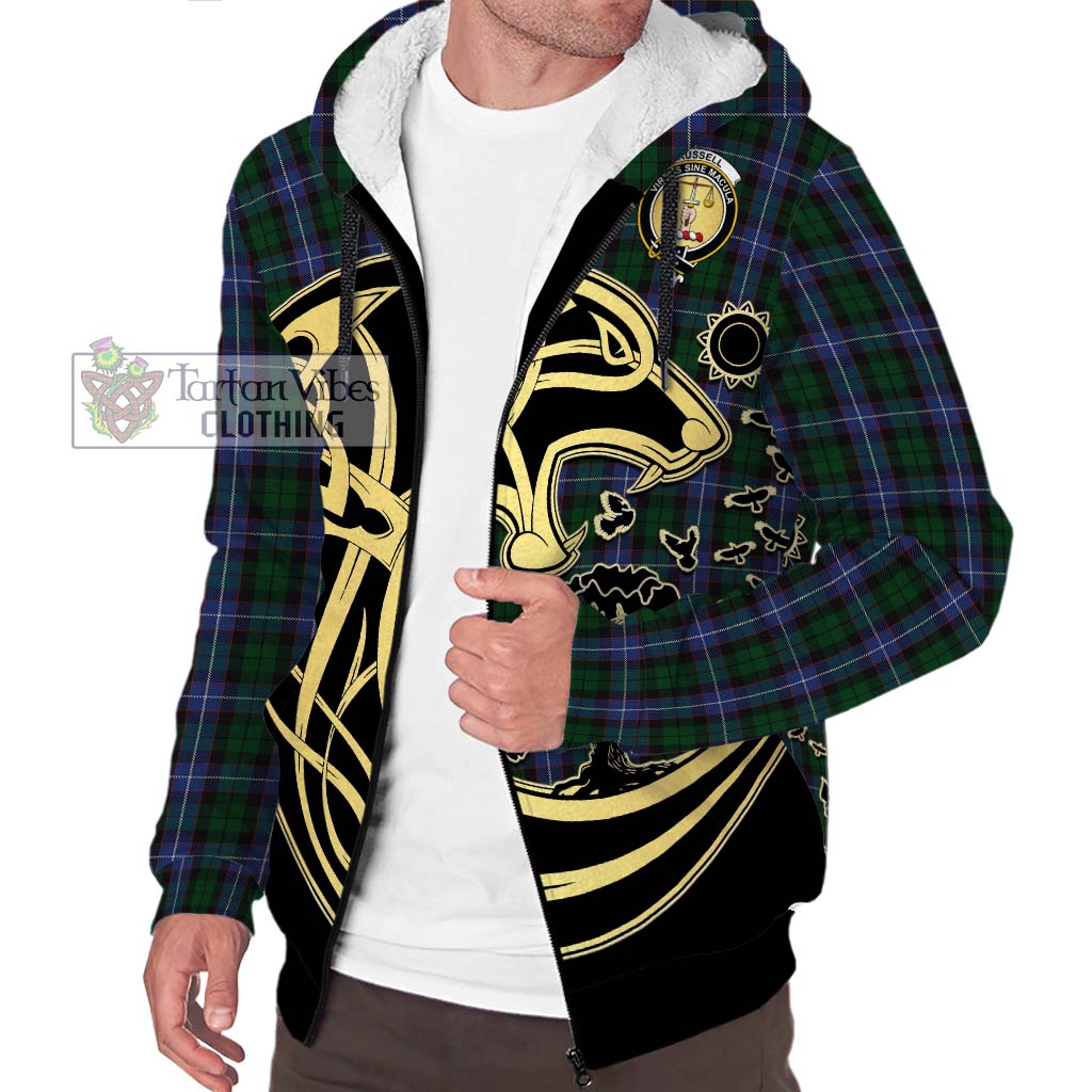 Tartan Vibes Clothing Russell or Mitchell or Hunter or Galbraith Tartan Sherpa Hoodie with Family Crest Celtic Wolf Style