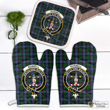 Russell or Mitchell or Hunter or Galbraith Tartan Combo Oven Mitt & Pot-Holder with Family Crest