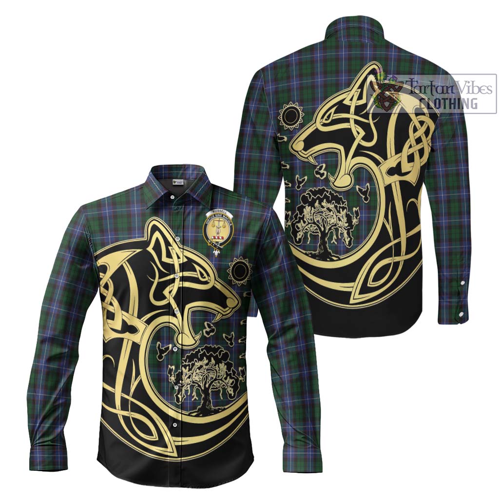 Tartan Vibes Clothing Russell or Mitchell or Hunter or Galbraith Tartan Long Sleeve Button Shirt with Family Crest Celtic Wolf Style