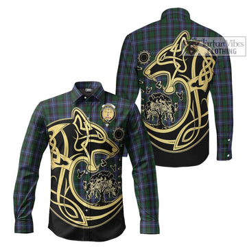 Russell or Mitchell or Hunter or Galbraith Tartan Long Sleeve Button Shirt with Family Crest Celtic Wolf Style