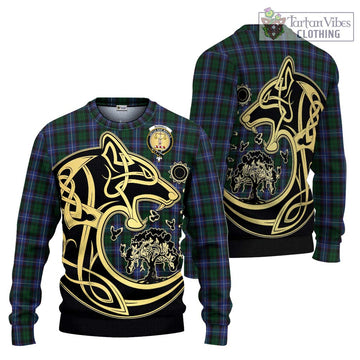 Russell or Mitchell or Hunter or Galbraith Tartan Knitted Sweater with Family Crest Celtic Wolf Style