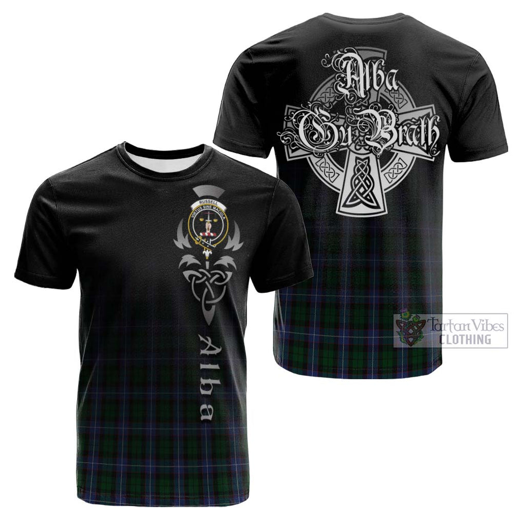 Tartan Vibes Clothing Russell or Mitchell or Hunter or Galbraith Tartan Cotton T-shirt Featuring Alba Gu Brath Family Crest Celtic Inspired