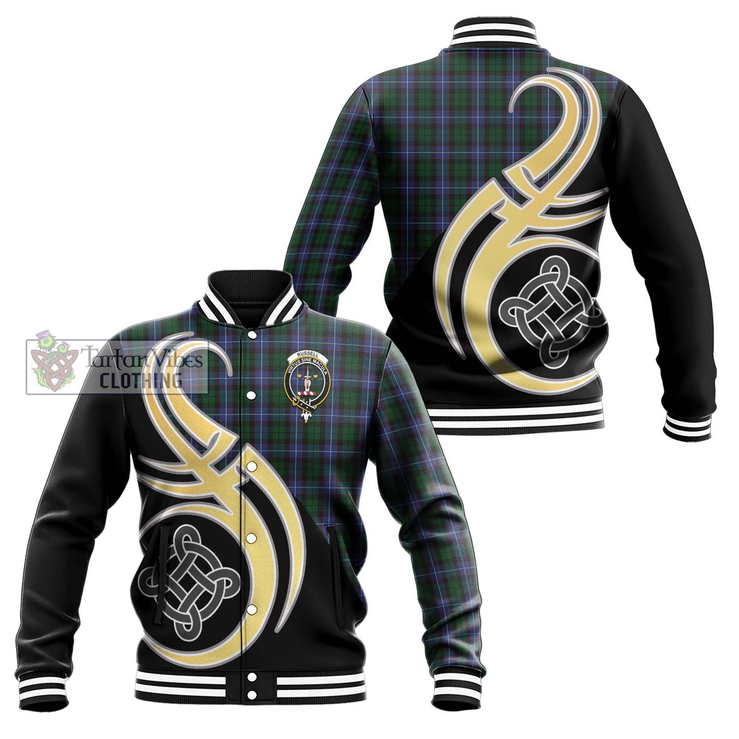 Tartan Vibes Clothing Russell or Mitchell or Hunter or Galbraith Tartan Baseball Jacket with Family Crest and Celtic Symbol Style
