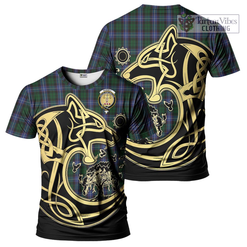 Tartan Vibes Clothing Russell or Mitchell or Hunter or Galbraith Tartan T-Shirt with Family Crest Celtic Wolf Style