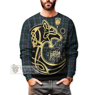 Russell or Mitchell or Hunter or Galbraith Tartan Sweatshirt with Family Crest Celtic Wolf Style
