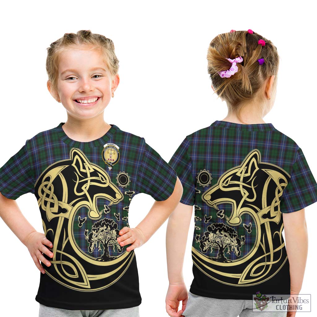 Tartan Vibes Clothing Russell or Mitchell or Hunter or Galbraith Tartan Kid T-Shirt with Family Crest Celtic Wolf Style