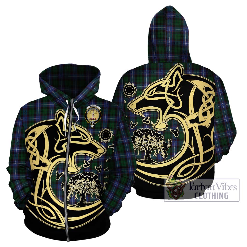 Tartan Vibes Clothing Russell or Mitchell or Hunter or Galbraith Tartan Hoodie with Family Crest Celtic Wolf Style