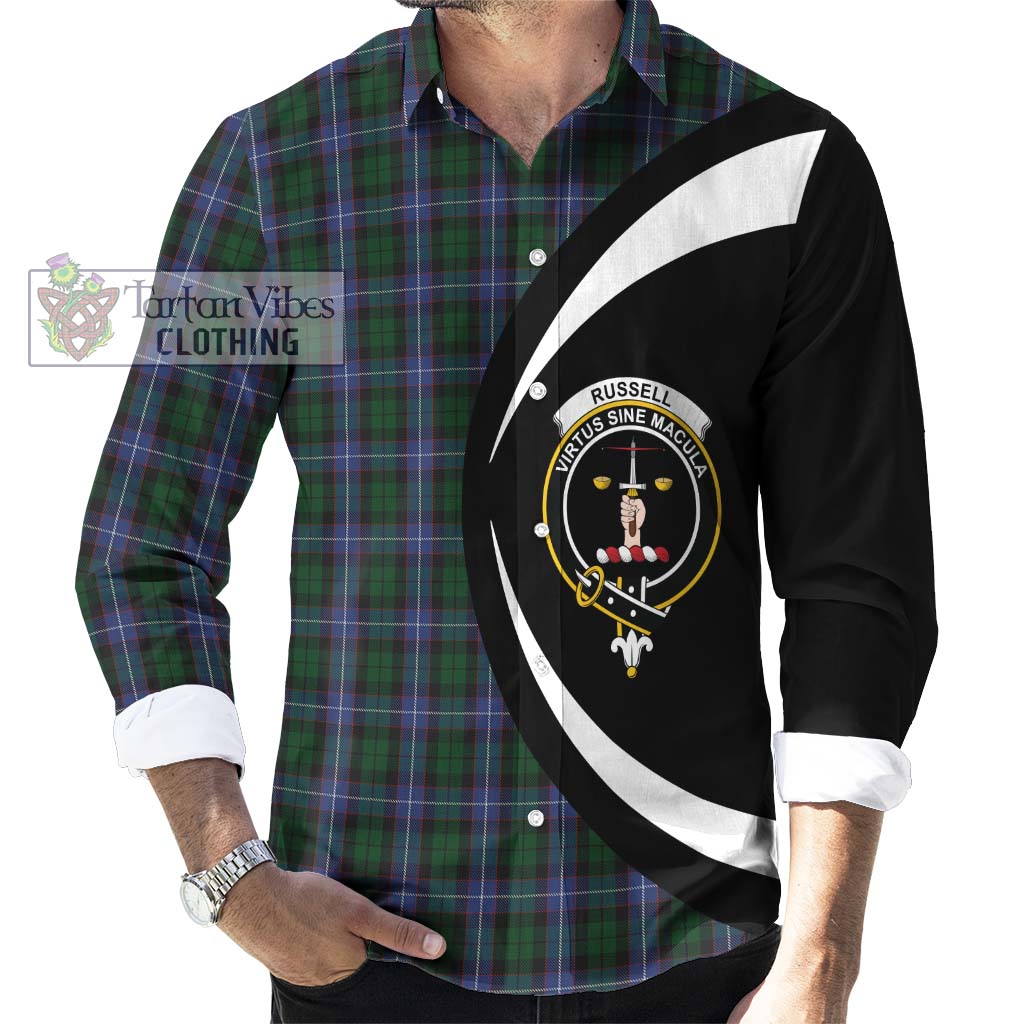 Russell or Mitchell or Hunter or Galbraith Tartan Long Sleeve Button Up with Family Crest Circle Style - Tartan Vibes Clothing