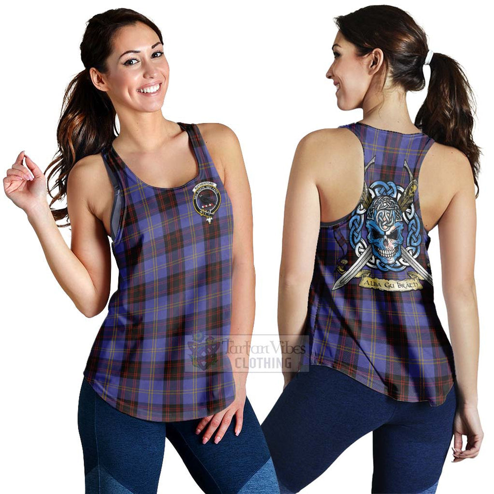 Tartan Vibes Clothing Rutherford Tartan Women's Racerback Tanks with Family Crest Celtic Skull Style