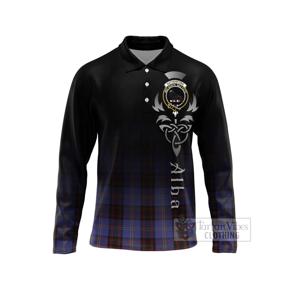 Tartan Vibes Clothing Rutherford Tartan Long Sleeve Polo Shirt Featuring Alba Gu Brath Family Crest Celtic Inspired