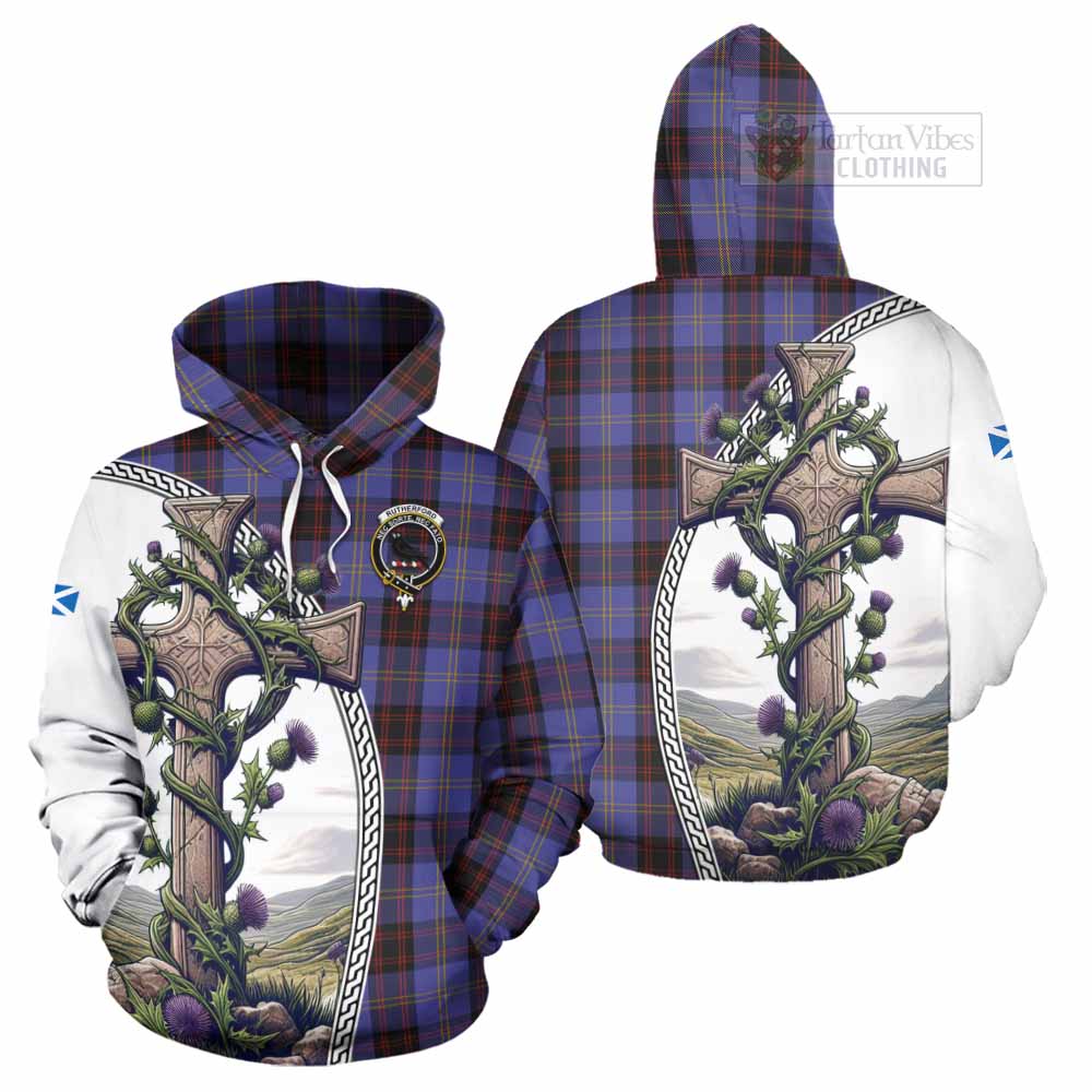 Tartan Vibes Clothing Rutherford Tartan Hoodie with Family Crest and St. Andrew's Cross Accented by Thistle Vines