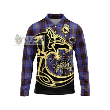 Rutherford Tartan Long Sleeve Polo Shirt with Family Crest Celtic Wolf Style