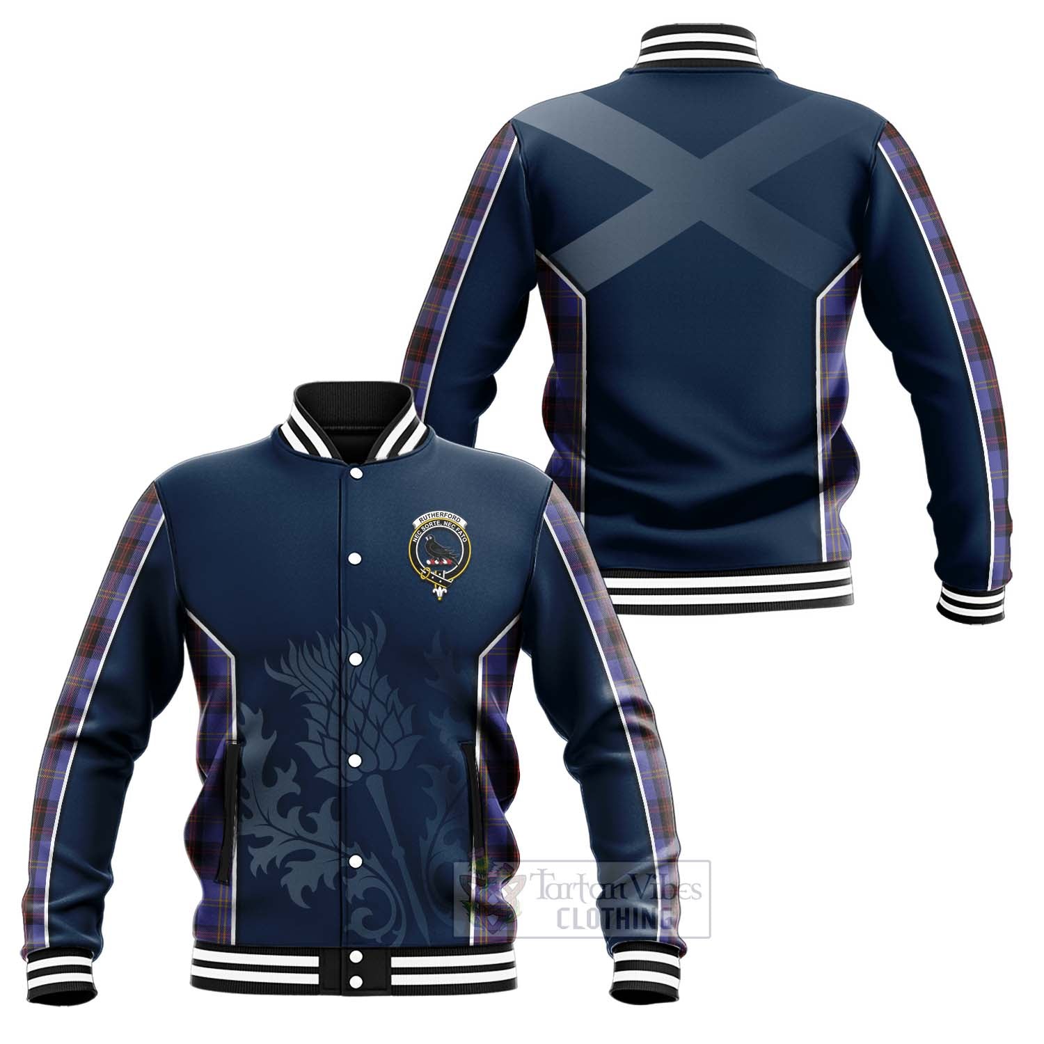 Tartan Vibes Clothing Rutherford Tartan Baseball Jacket with Family Crest and Scottish Thistle Vibes Sport Style