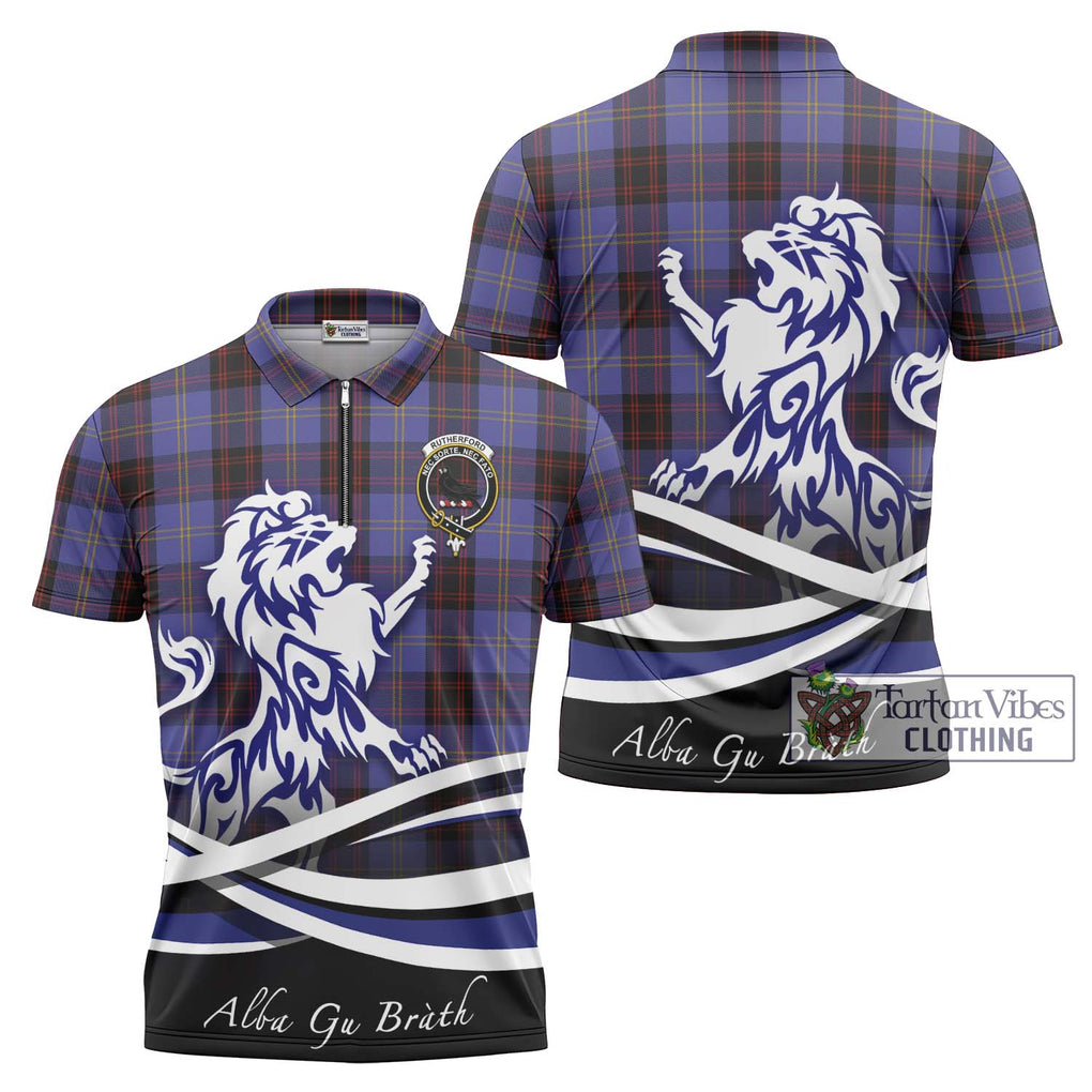 Rutherford Tartan Zipper Polo Shirt with Alba Gu Brath Regal Lion Emblem Unisex - Tartanvibesclothing Shop