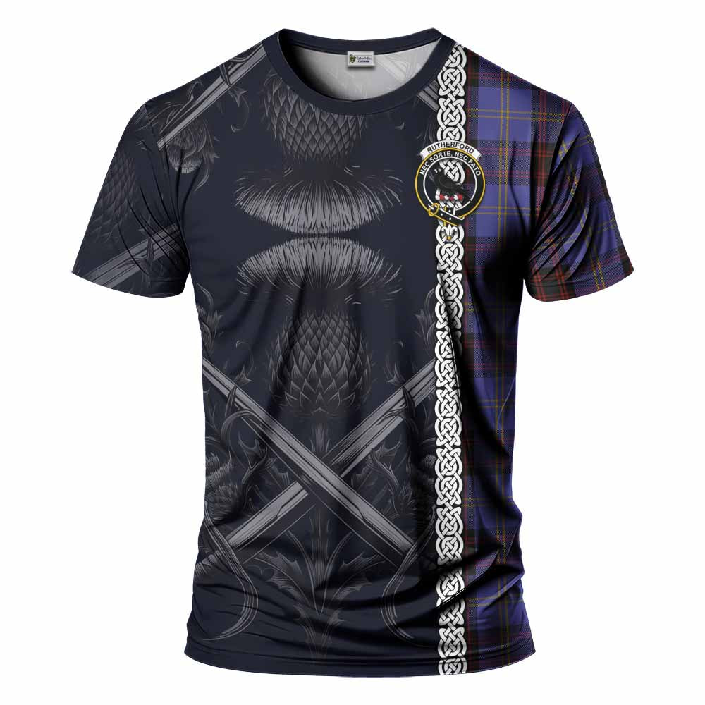 Tartan Vibes Clothing Rutherford Tartan T-Shirt with Family Crest Cross Sword Thistle Celtic Vibes