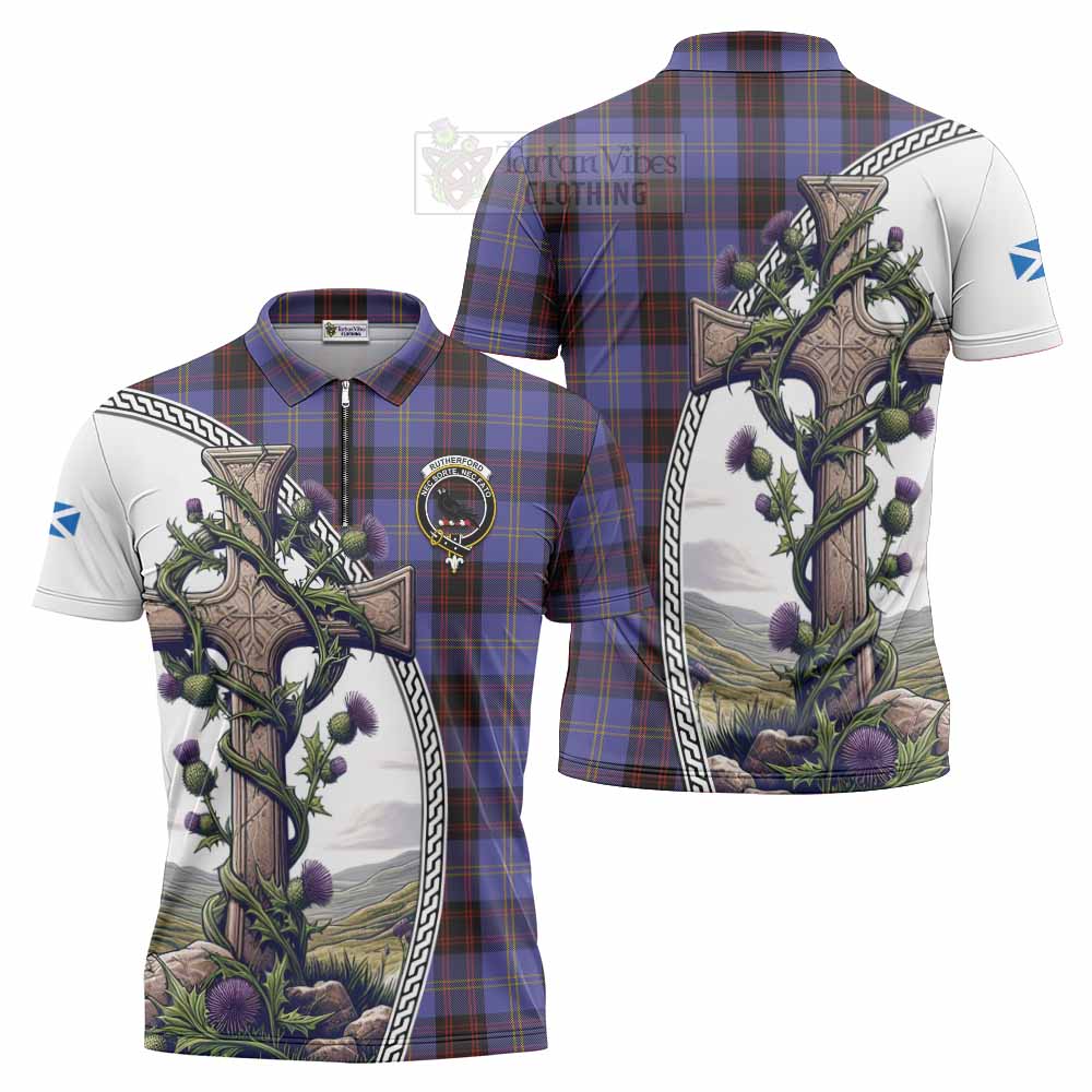 Tartan Vibes Clothing Rutherford Tartan Zipper Polo Shirt with Family Crest and St. Andrew's Cross Accented by Thistle Vines