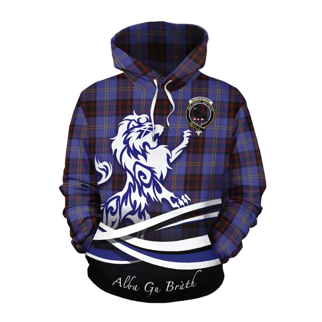 Tartan Vibes Clothing Rutherford Tartan Cotton Hoodie with Alba Gu Brath Regal Lion Emblem