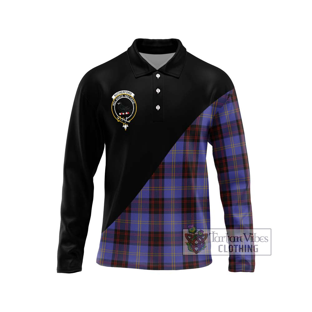 Rutherford Tartan Long Sleeve Polo Shirt with Family Crest and Military Logo Style Unisex - Tartanvibesclothing Shop