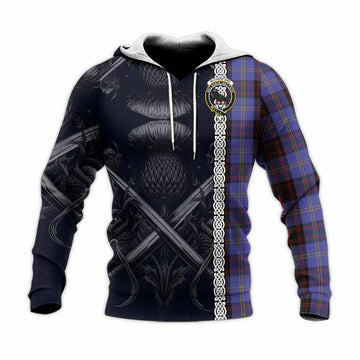 Rutherford Tartan Knitted Hoodie with Family Crest Cross Sword Thistle Celtic Vibes