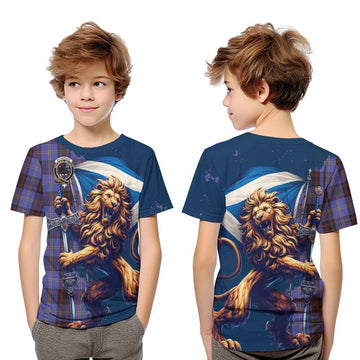 Rutherford Tartan Family Crest Kid T-Shirt with Scottish Majestic Lion Youth XL Size14 - Tartan Vibes Clothing