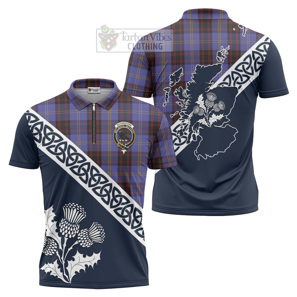 Tartan Vibes Clothing Rutherford Tartan Zipper Polo Shirt Featuring Thistle and Scotland Map