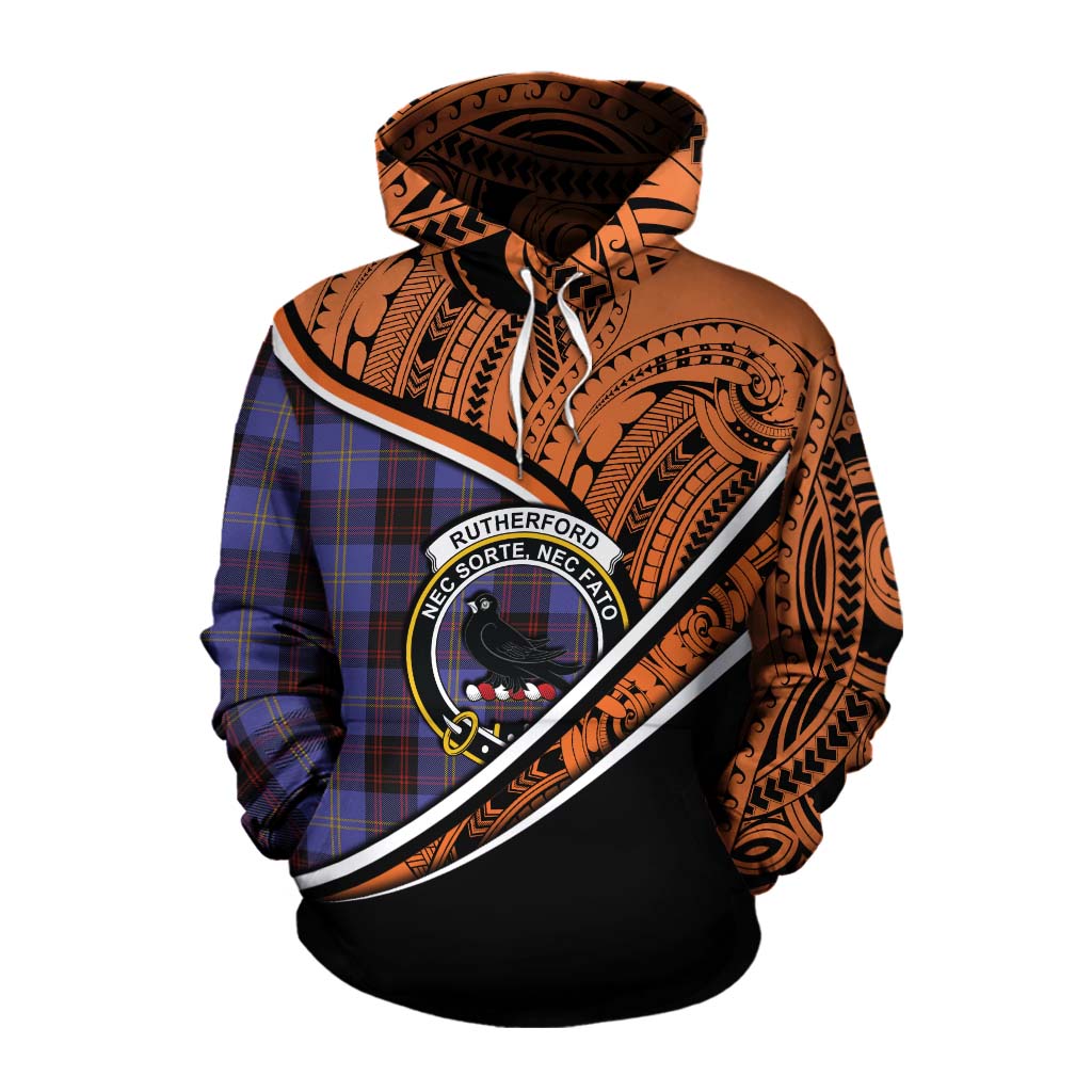 Tartan Vibes Clothing Rutherford Crest Tartan Cotton Hoodie with Maori Tattoo Style - Orange Version