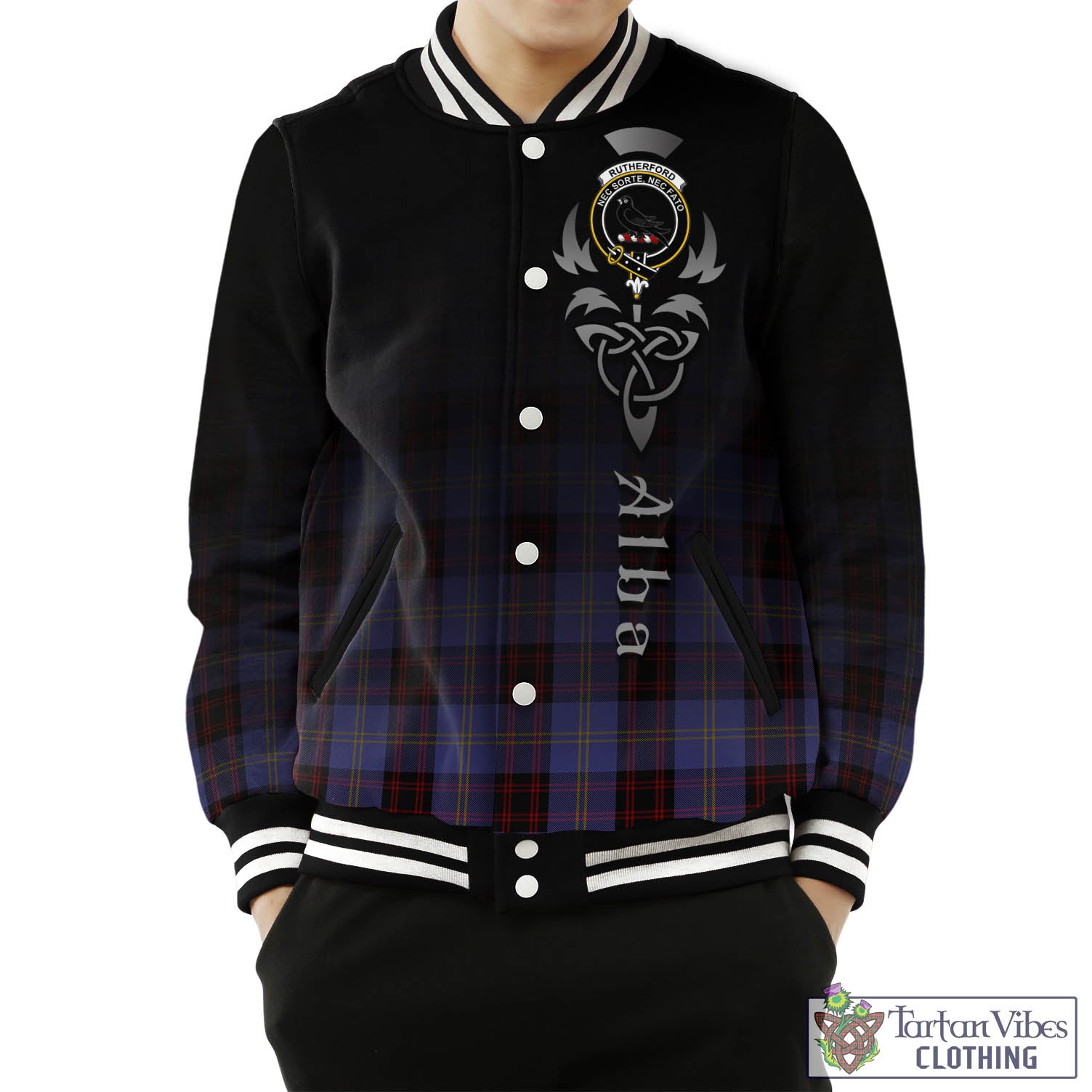 Tartan Vibes Clothing Rutherford Tartan Baseball Jacket Featuring Alba Gu Brath Family Crest Celtic Inspired