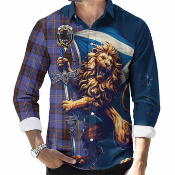 Rutherford Tartan Family Crest Long Sleeve Button Shirt with Scottish Majestic Lion