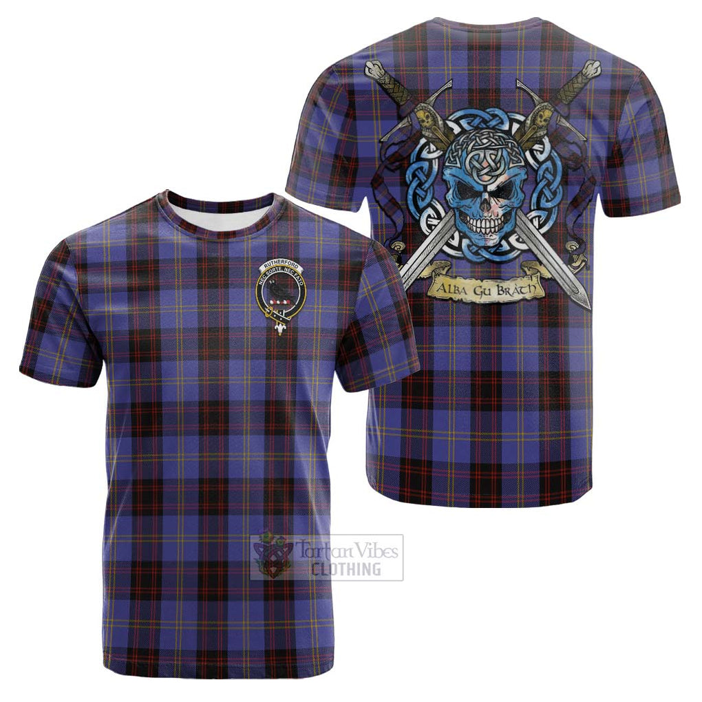 Tartan Vibes Clothing Rutherford Tartan Cotton T-shirt with Family Crest Celtic Skull Style