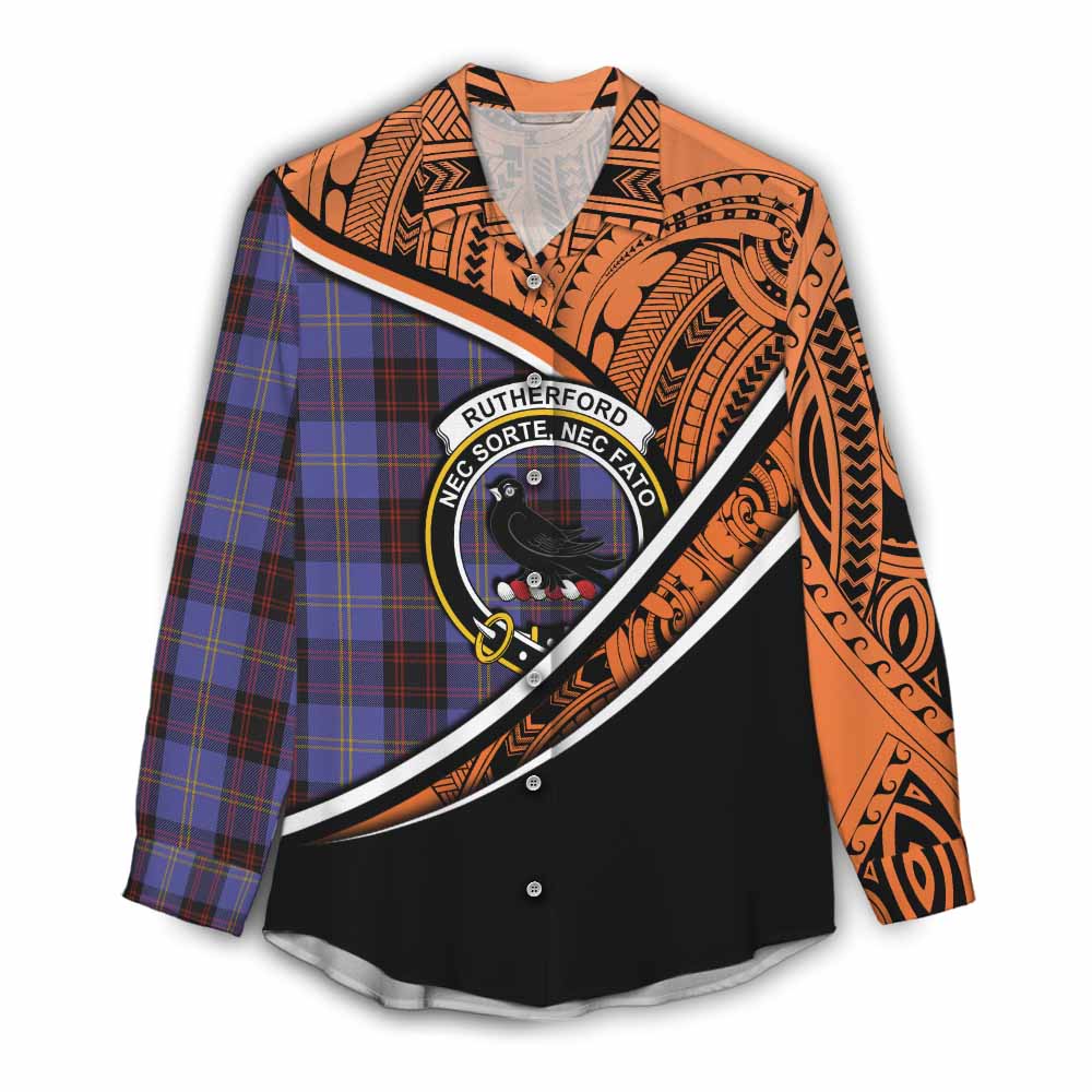 Tartan Vibes Clothing Rutherford Crest Tartan Women's Casual Shirt with Maori Tattoo Style - Orange Version