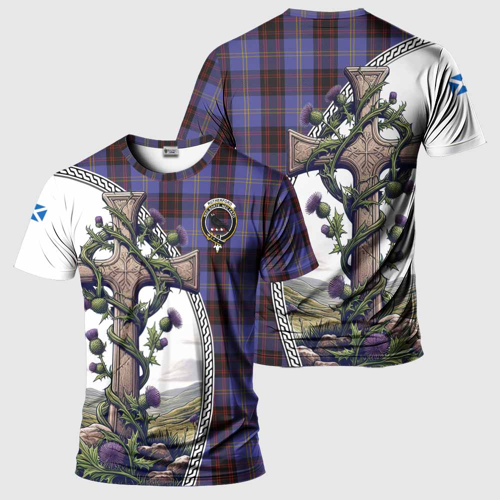 Tartan Vibes Clothing Rutherford Agnew Tartan T-Shirt with Family Crest and St. Andrew's Cross Accented by Thistle Vines