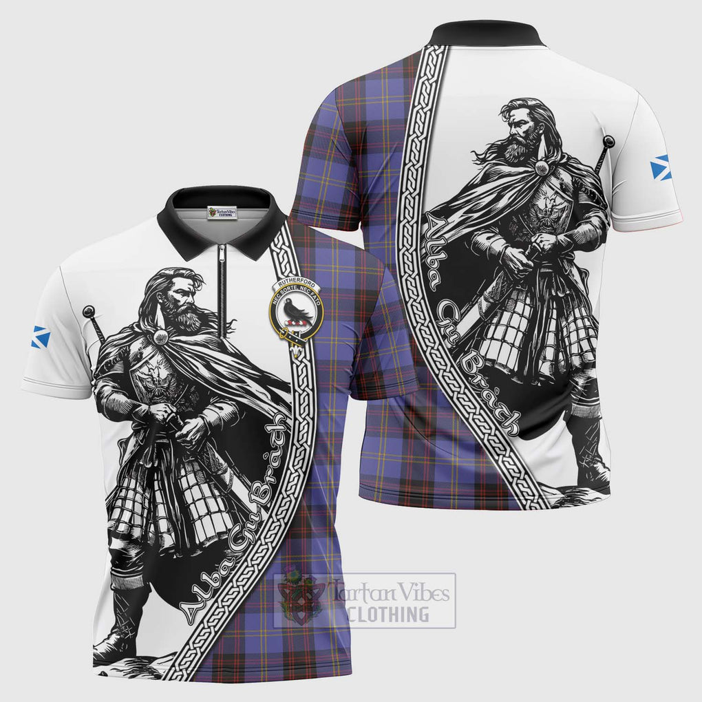 Tartan Vibes Clothing Rutherford Tartan Clan Crest Zipper Polo Shirt with Highlander Warrior Celtic Style