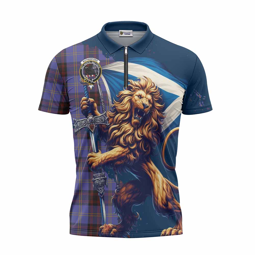 Tartan Vibes Clothing Rutherford Tartan Family Crest Zipper Polo Shirt with Scottish Majestic Lion