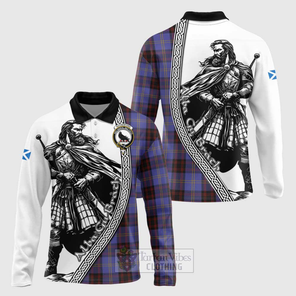 Tartan Vibes Clothing Rutherford Tartan Clan Crest Long Sleeve Polo Shirt with Highlander Warrior Celtic Style