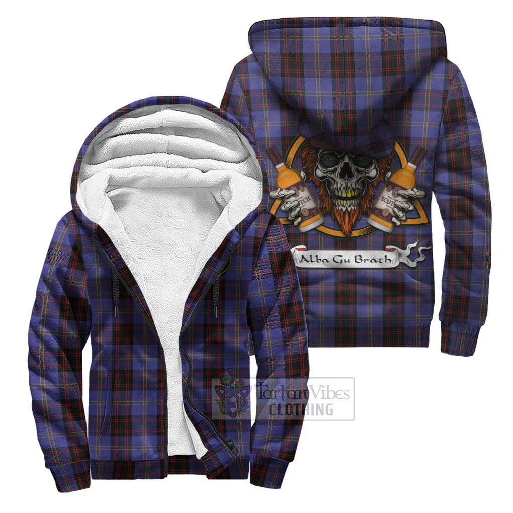 Tartan Vibes Clothing Rutherford Tartan Sherpa Hoodie with Family Crest and Bearded Skull Holding Bottles of Whiskey