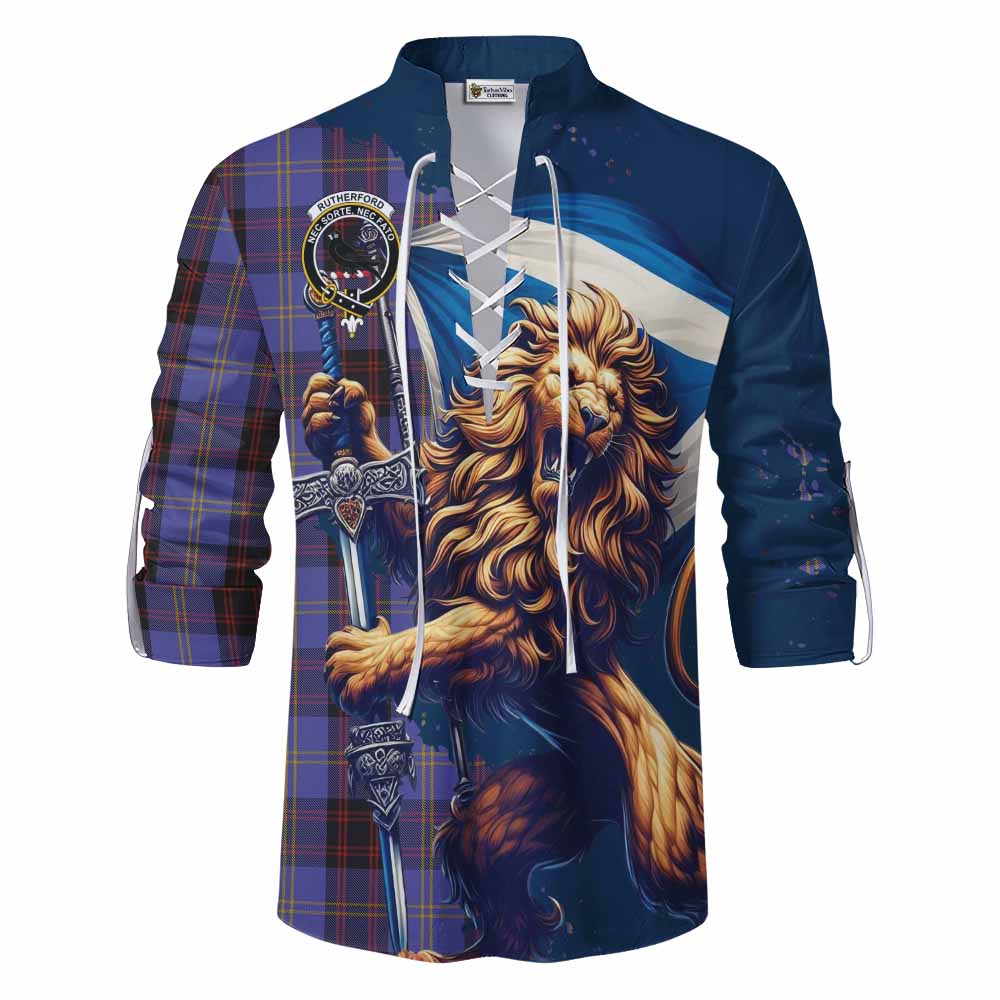 Tartan Vibes Clothing Rutherford Tartan Family Crest Ghillie Kilt Shirt with Scottish Majestic Lion