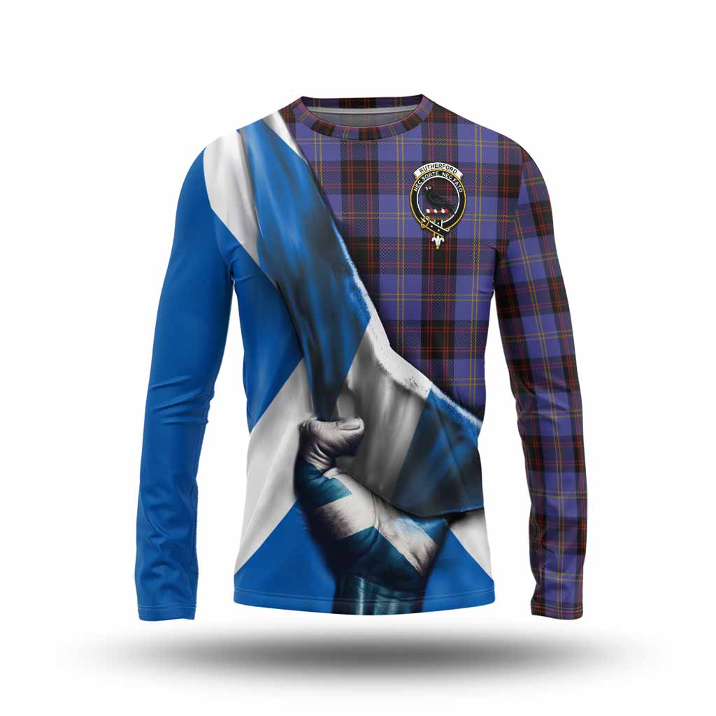 Tartan Vibes Clothing Rutherford Tartan Long Sleeve T-Shirt with Family Crest Scotland Patriotic Style