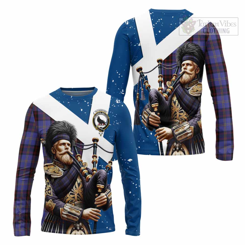 Tartan Vibes Clothing Rutherford Tartan Long Sleeve T-Shirt with Family Crest Scottish Bagpiper Vibes