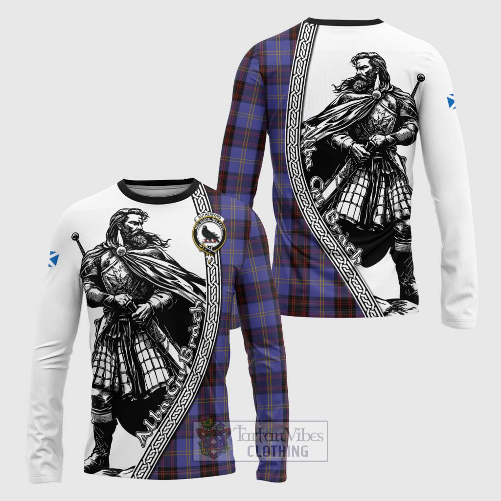 Tartan Vibes Clothing Rutherford Tartan Clan Crest Long Sleeve T-Shirt with Highlander Warrior Celtic Style