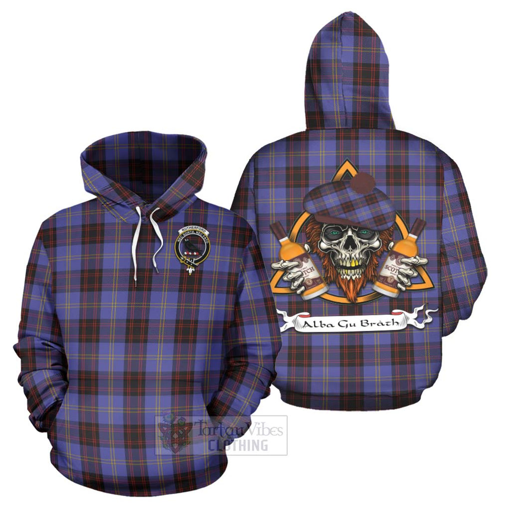 Tartan Vibes Clothing Rutherford Tartan Hoodie with Family Crest and Bearded Skull Holding Bottles of Whiskey