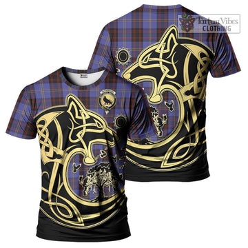 Rutherford Tartan T-Shirt with Family Crest Celtic Wolf Style