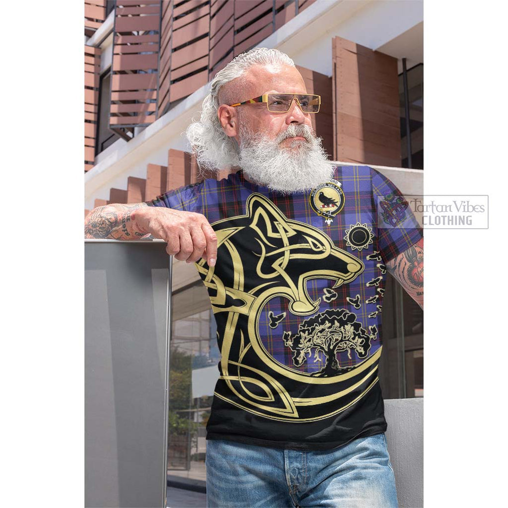 Tartan Vibes Clothing Rutherford Tartan Cotton T-shirt with Family Crest Celtic Wolf Style