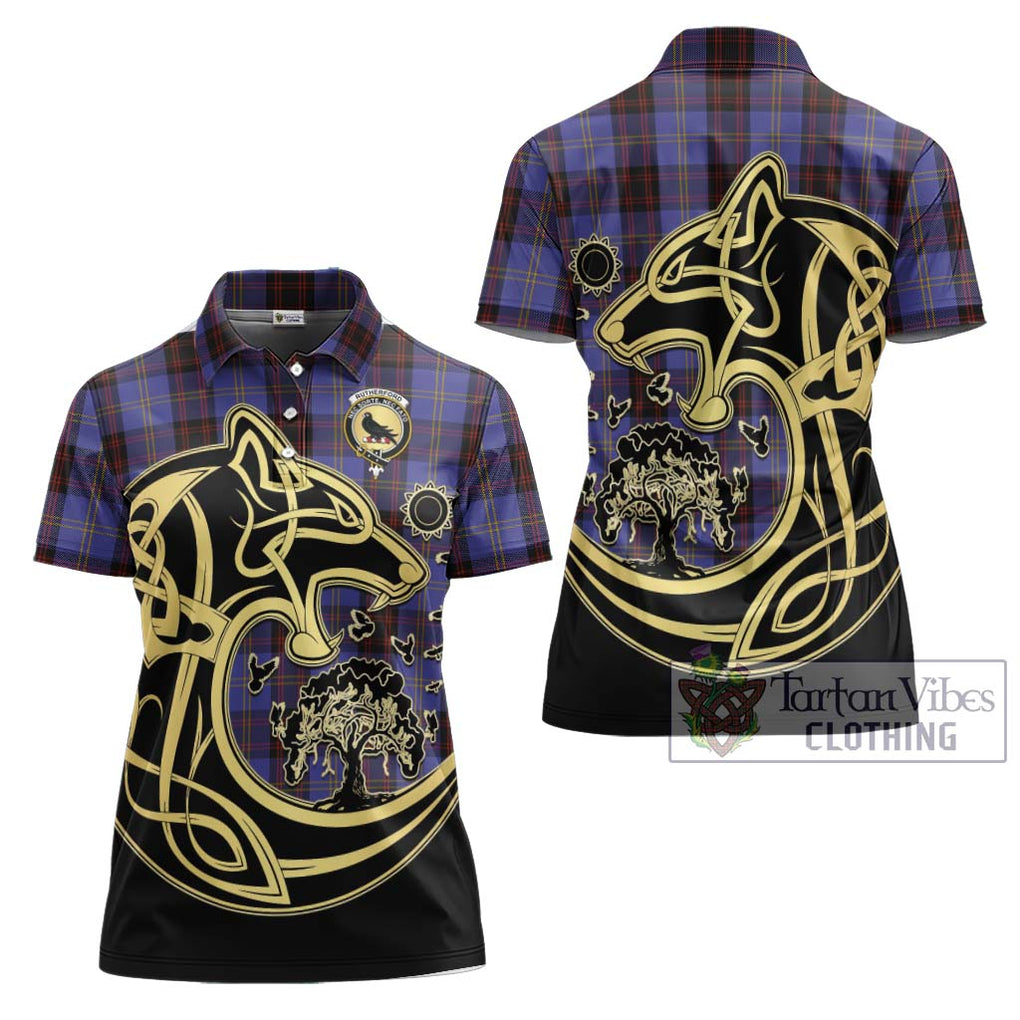 Rutherford Tartan Women's Polo Shirt with Family Crest Celtic Wolf Style Women - Tartanvibesclothing Shop