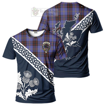 Rutherford Tartan T-Shirt Featuring Thistle and Scotland Map