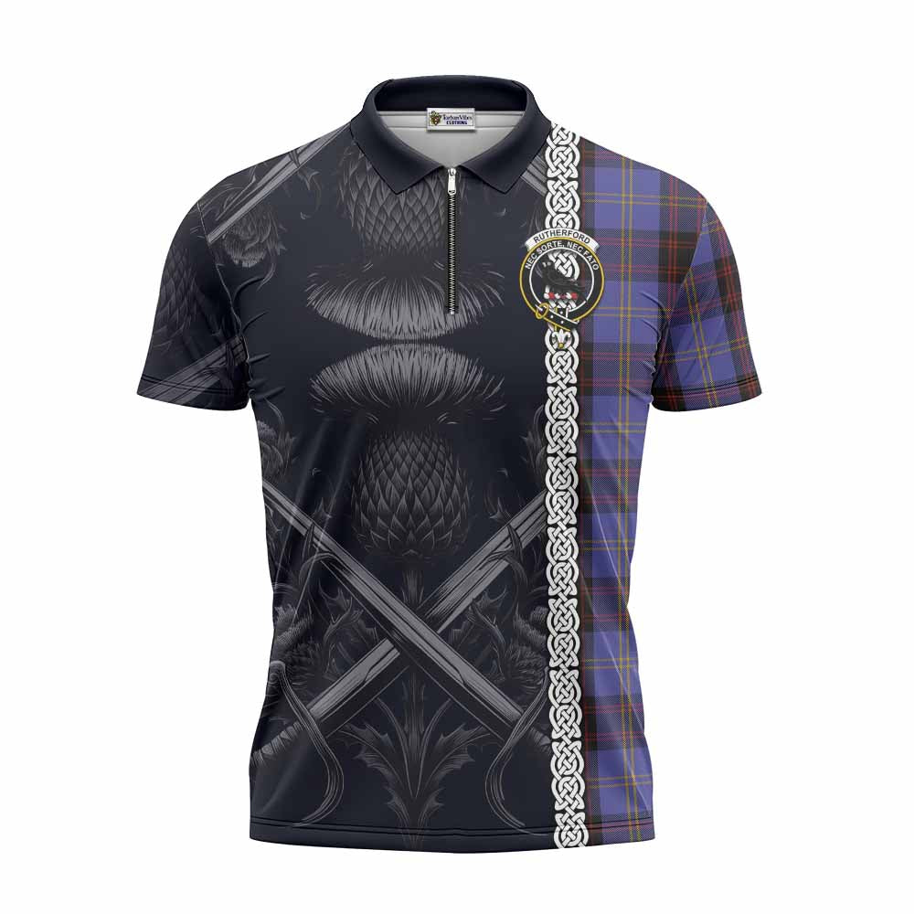 Tartan Vibes Clothing Rutherford Tartan Zipper Polo Shirt with Family Crest Cross Sword Thistle Celtic Vibes