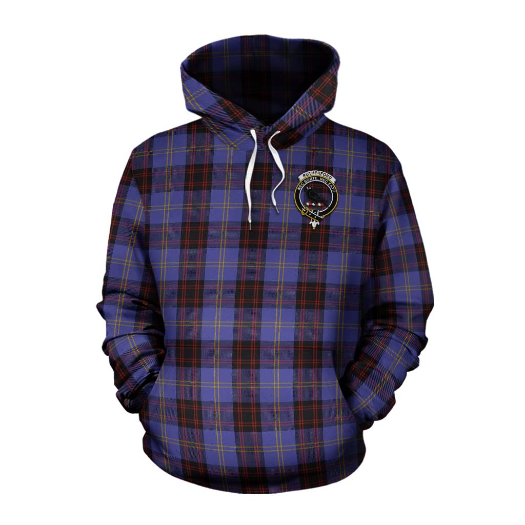 Tartan Vibes Clothing Rutherford Tartan Cotton Hoodie with Family Crest and Bearded Skull Holding Bottles of Whiskey