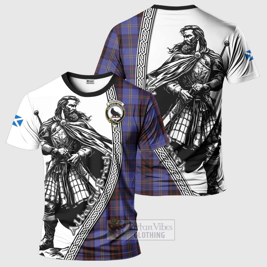 Tartan Vibes Clothing Rutherford Tartan Clan Crest T-Shirt with Highlander Warrior Celtic Style